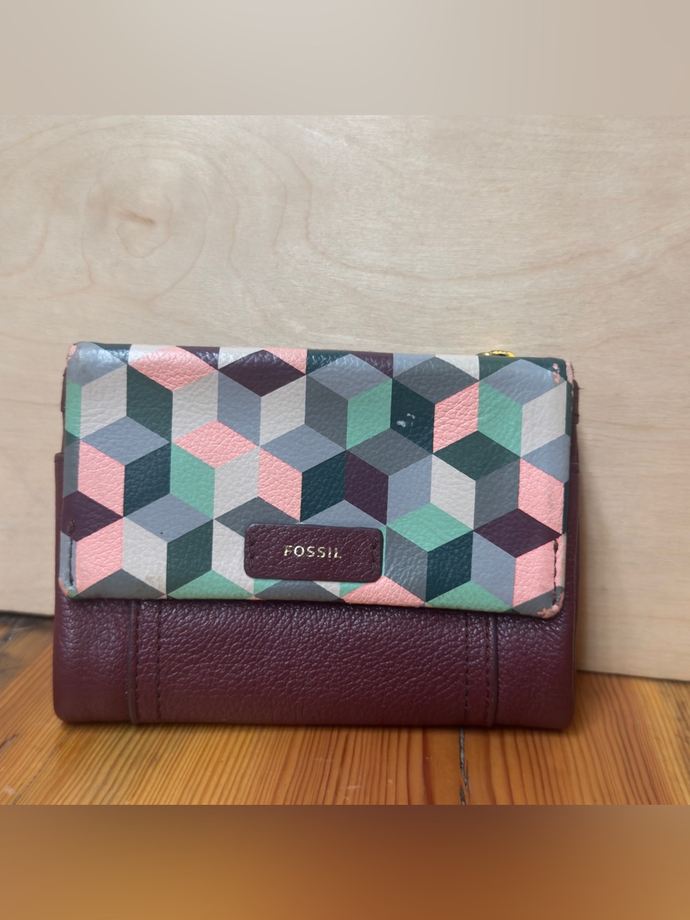 Fossil Multicolor Geometric Fold-Over Wallet — Pink, Burgundy & Mint